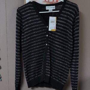 Cathy Daniels Black Cardigan Sweater with Classic Stripes